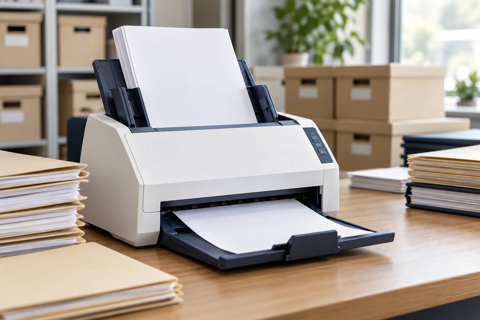 A document scanner with paper files and archive boxes